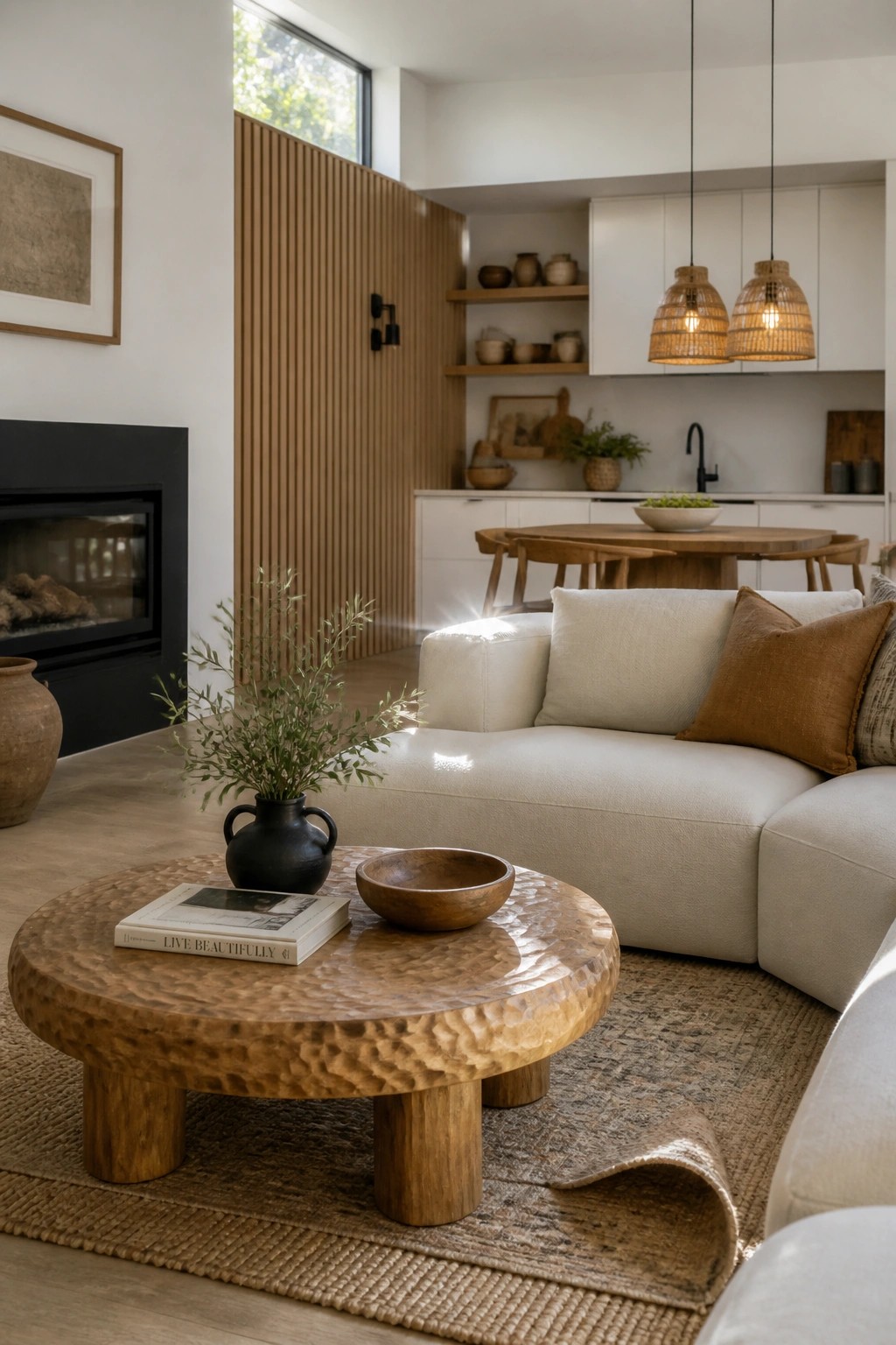 A living room with a white sectional sofa, round wooden coffee table on a woven rug, black fireplace, and wooden wall paneling in the background.