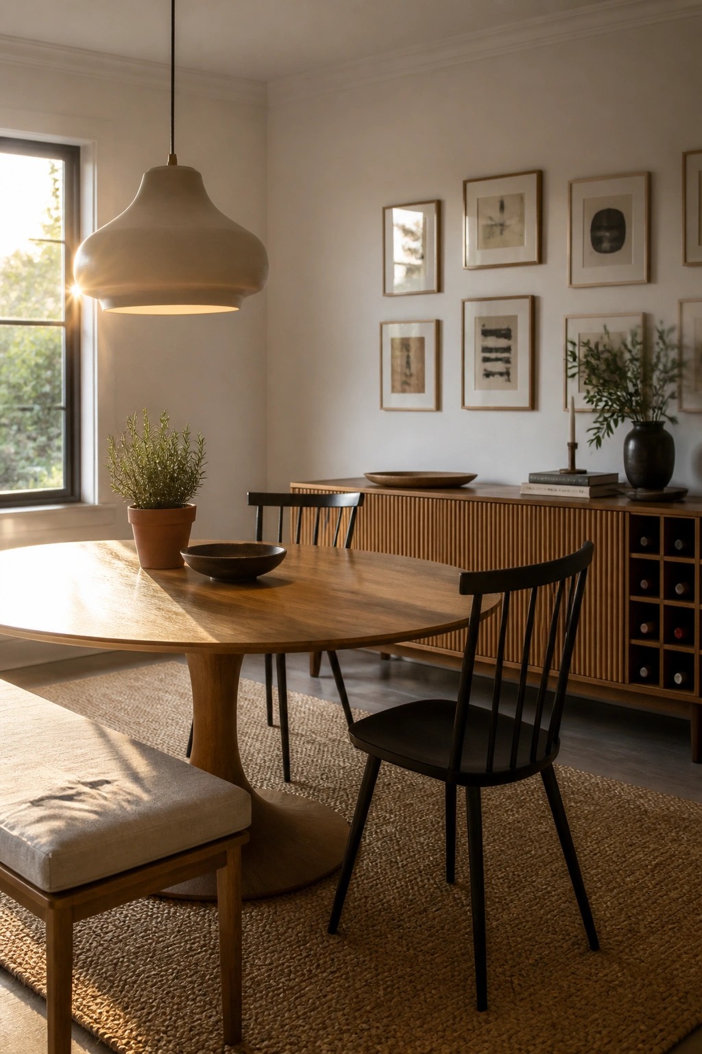 A dining room with a round wooden table, black spindle chairs, a wooden bench, a woven rug, and a wooden sideboard against white walls.