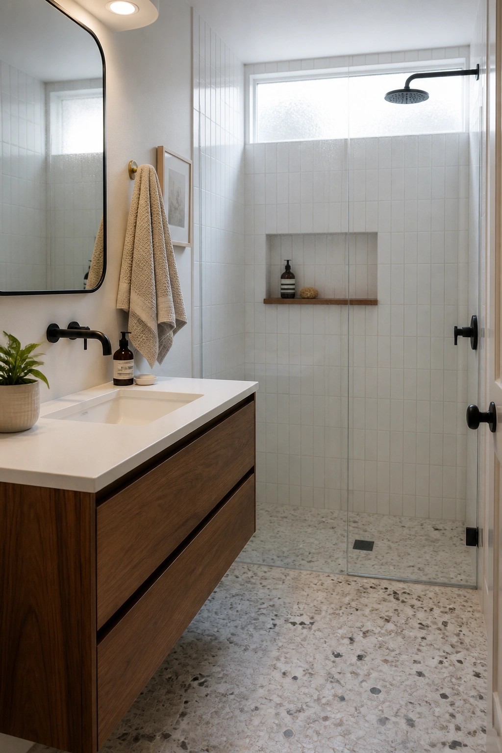 A modern bathroom with a floating wood vanity, white countertop and sink, white tiled walls, black fixtures, and a glass shower enclosure over terrazzo flooring.