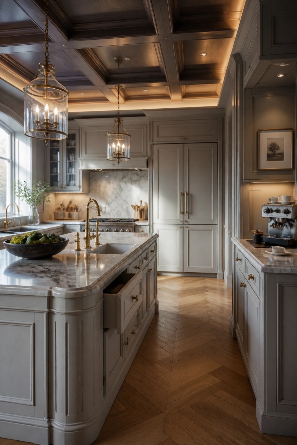 A kitchen interior with light gray cabinetry, marble countertops, brass hardware, and a dark wood coffered ceiling with glass pendant lights.