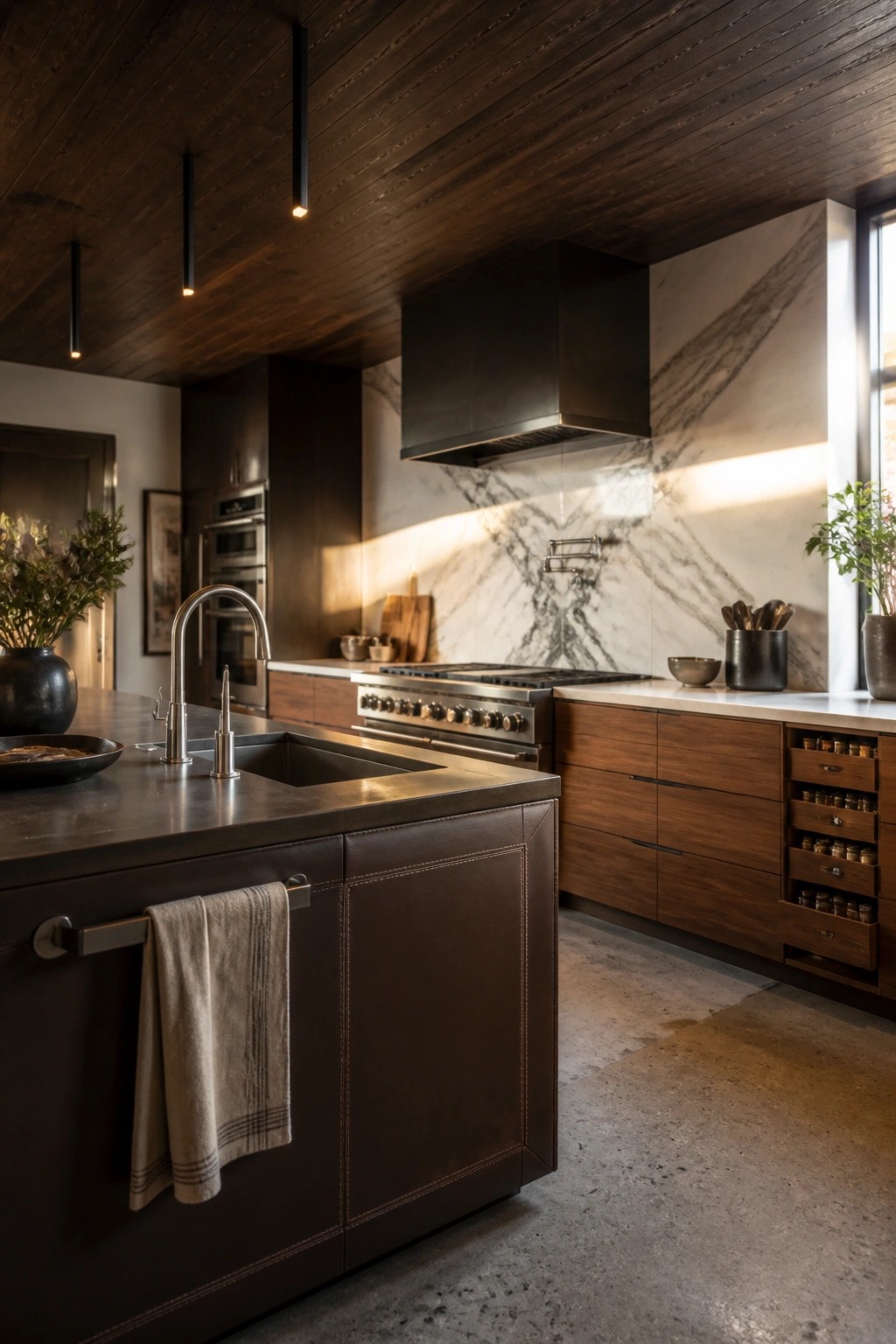 A kitchen interior featuring a dark wood plank ceiling, black range hood, marble backsplash, and a large island with dark cabinetry.