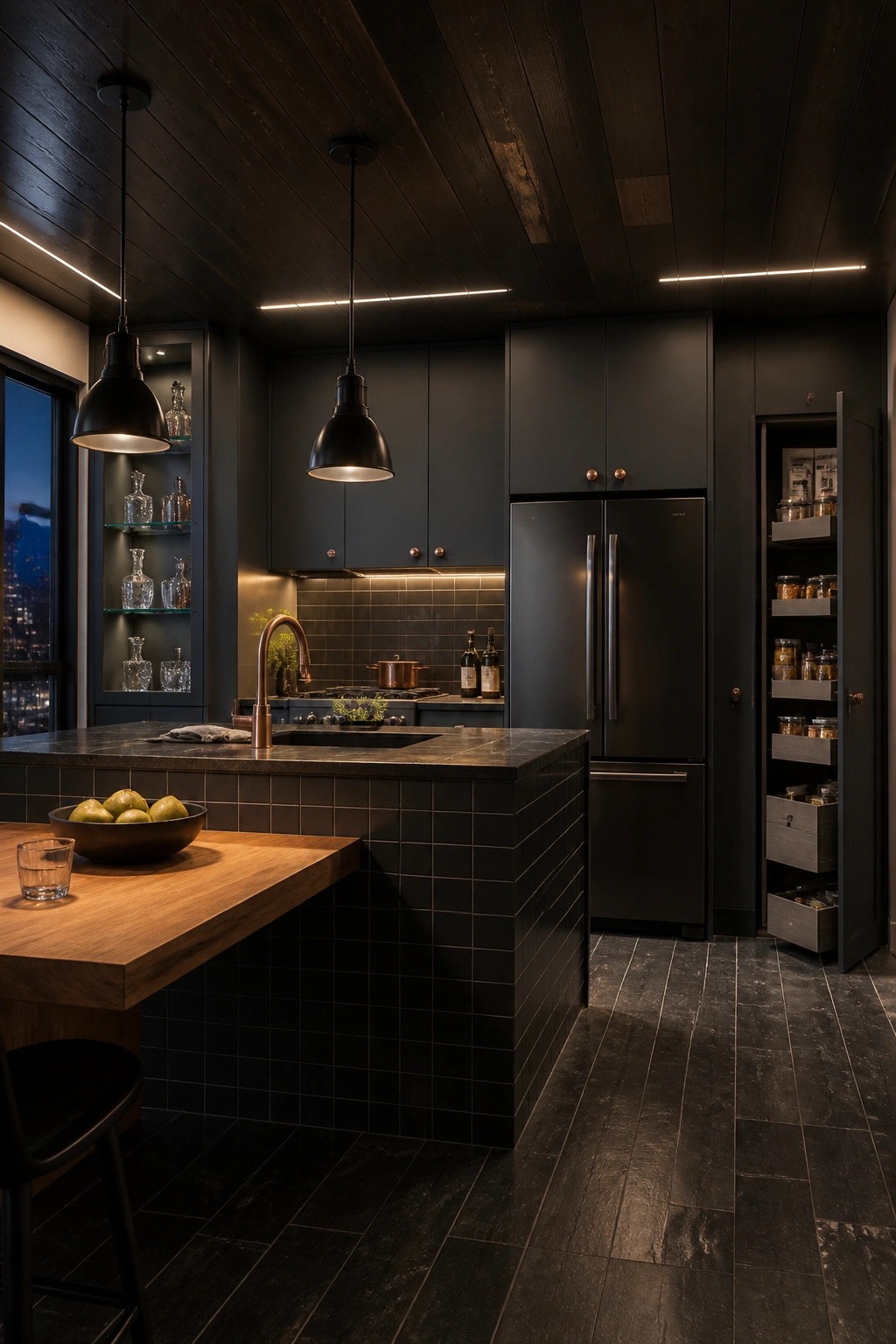 A dark modern kitchen featuring a wood plank ceiling with integrated linear lighting, black cabinets, black tile island, and a wooden countertop extension.