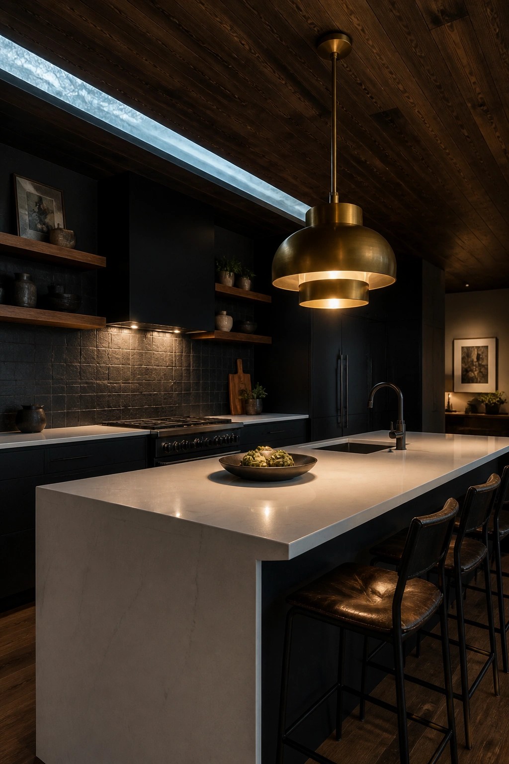 A kitchen interior with a dark wood plank ceiling, black cabinetry, a light stone island, and brown leather bar stools.