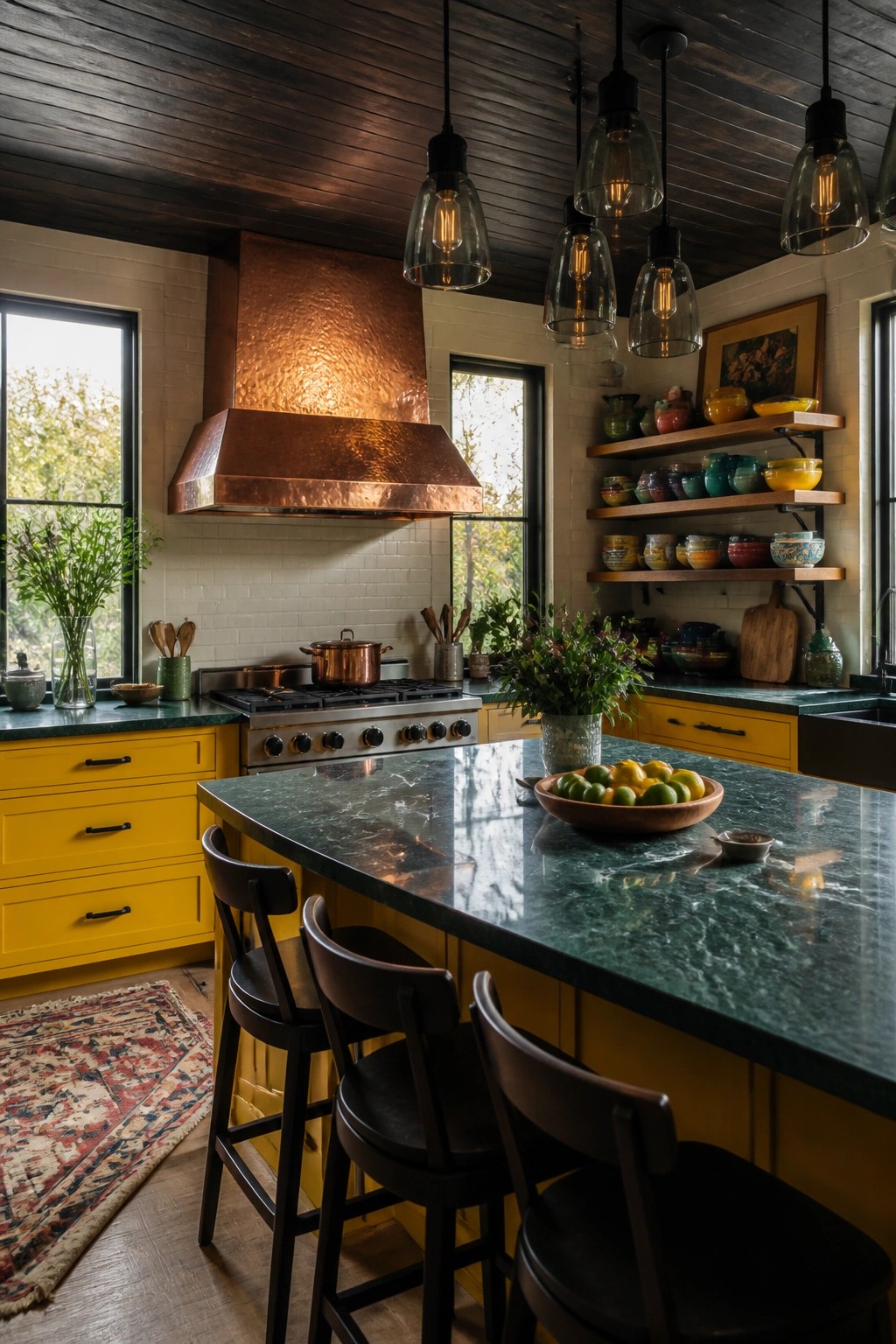 A kitchen interior with a dark wood plank ceiling, yellow cabinets, green marble countertops, a copper range hood, and three bar stools along the island.