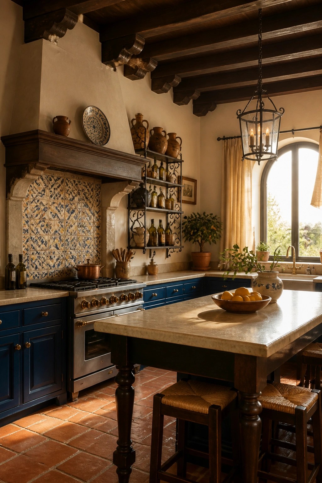 A kitchen interior with dark blue cabinets, a stone island, terracotta floor, and exposed dark wood ceiling beams.