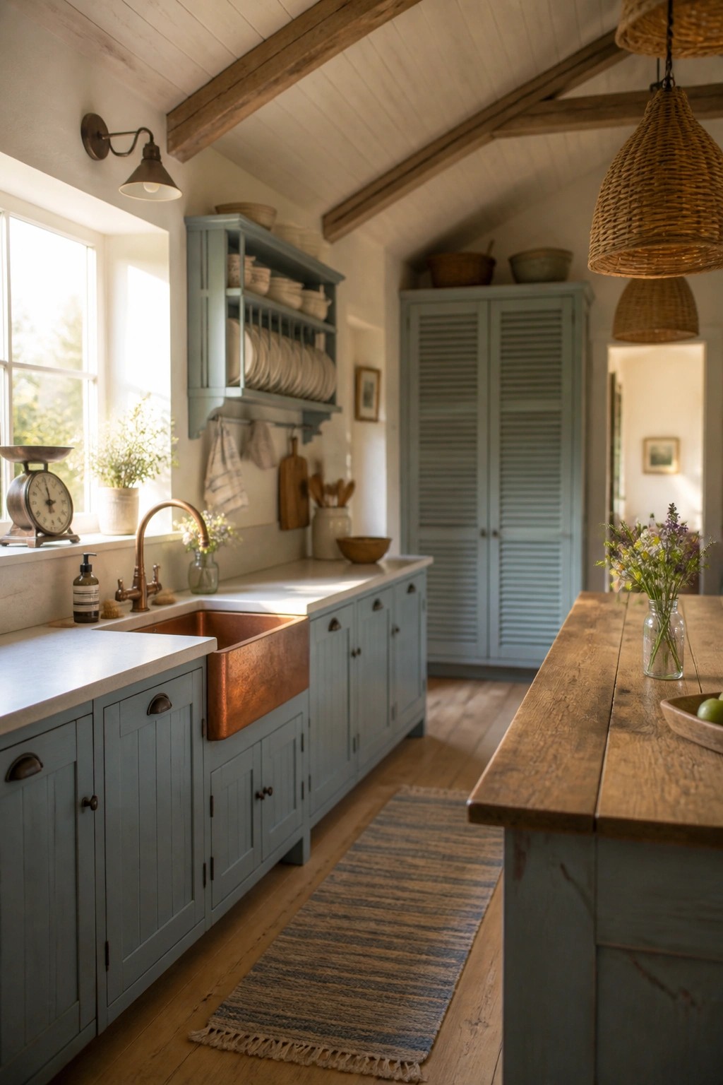 A kitchen interior with light blue cabinets, a copper farmhouse sink, white countertops, a wooden island, and a white plank ceiling with exposed wooden beams.