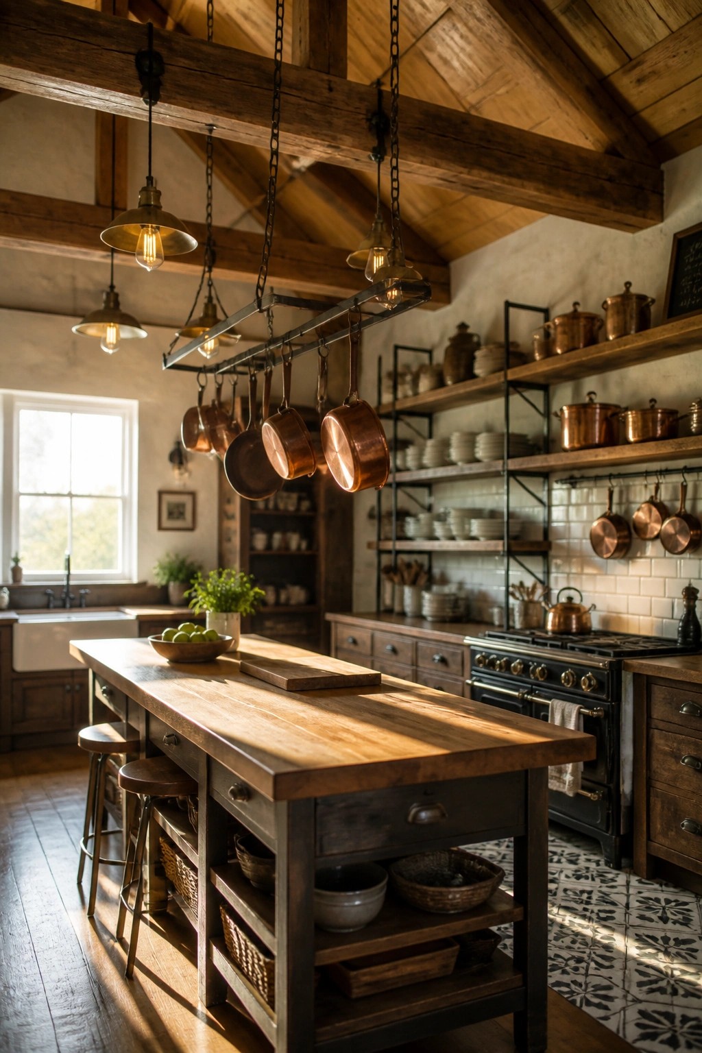 A kitchen with exposed wooden ceiling beams, hanging pendant lights and copper pots, a large wooden island, and open shelving along the walls.