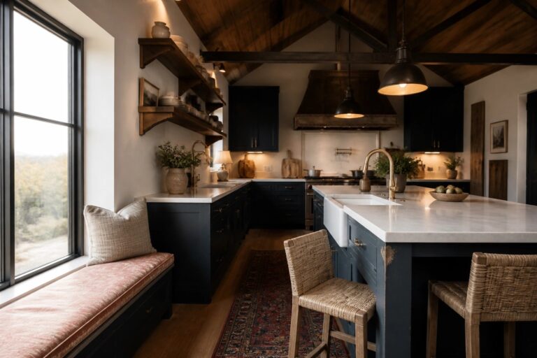 A kitchen with a vaulted wood plank ceiling, dark blue island, marble countertop, and woven bar stools along one side.