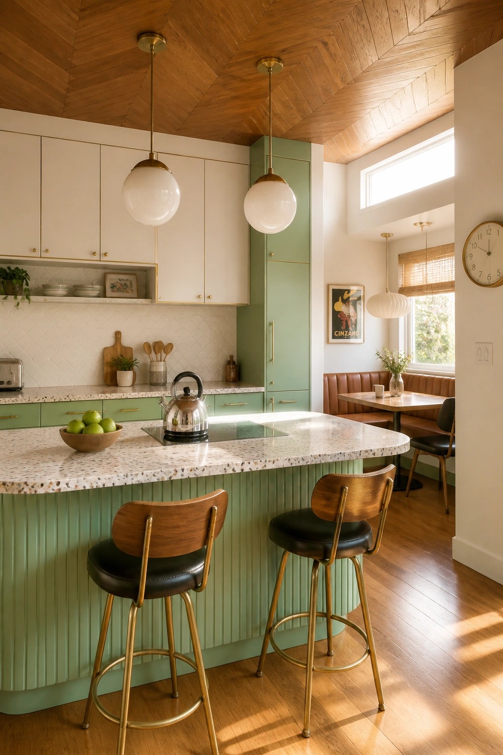 A kitchen interior with a herringbone wood ceiling, white and green cabinets, a terrazzo island, and two wooden bar stools.