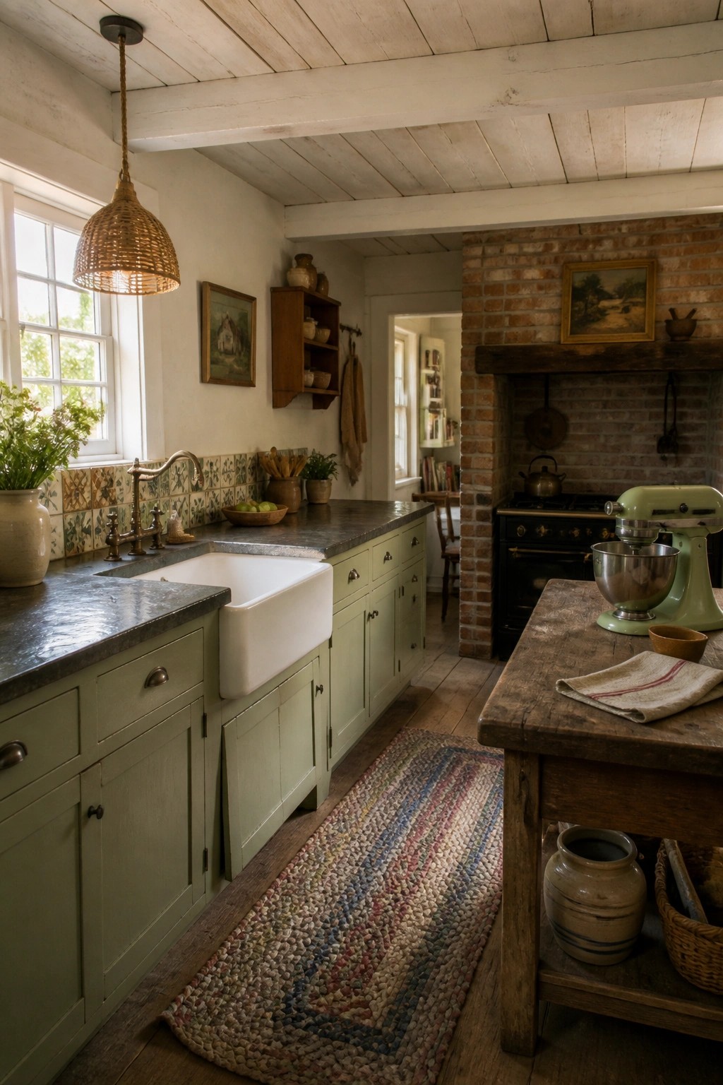 A kitchen interior with sage green cabinets, a white farmhouse sink, dark stone counters, a brick fireplace, and a whitewashed wood plank ceiling with exposed beams.