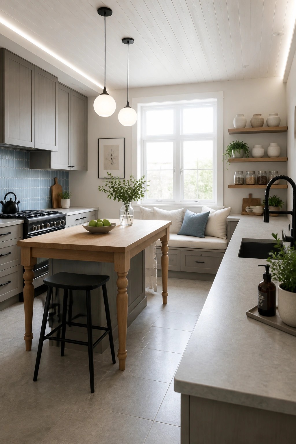 A bright kitchen interior featuring a white wood plank ceiling, a wooden island with black stools, light gray cabinetry, and a large window above a built-in bench.