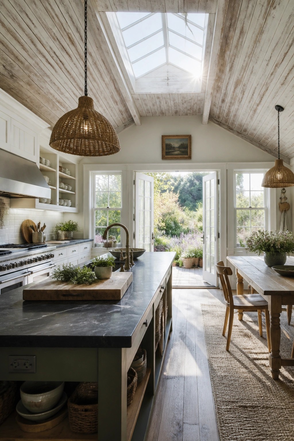 A kitchen with whitewashed wood plank ceiling, skylight, dark stone island, and open doors to a garden.