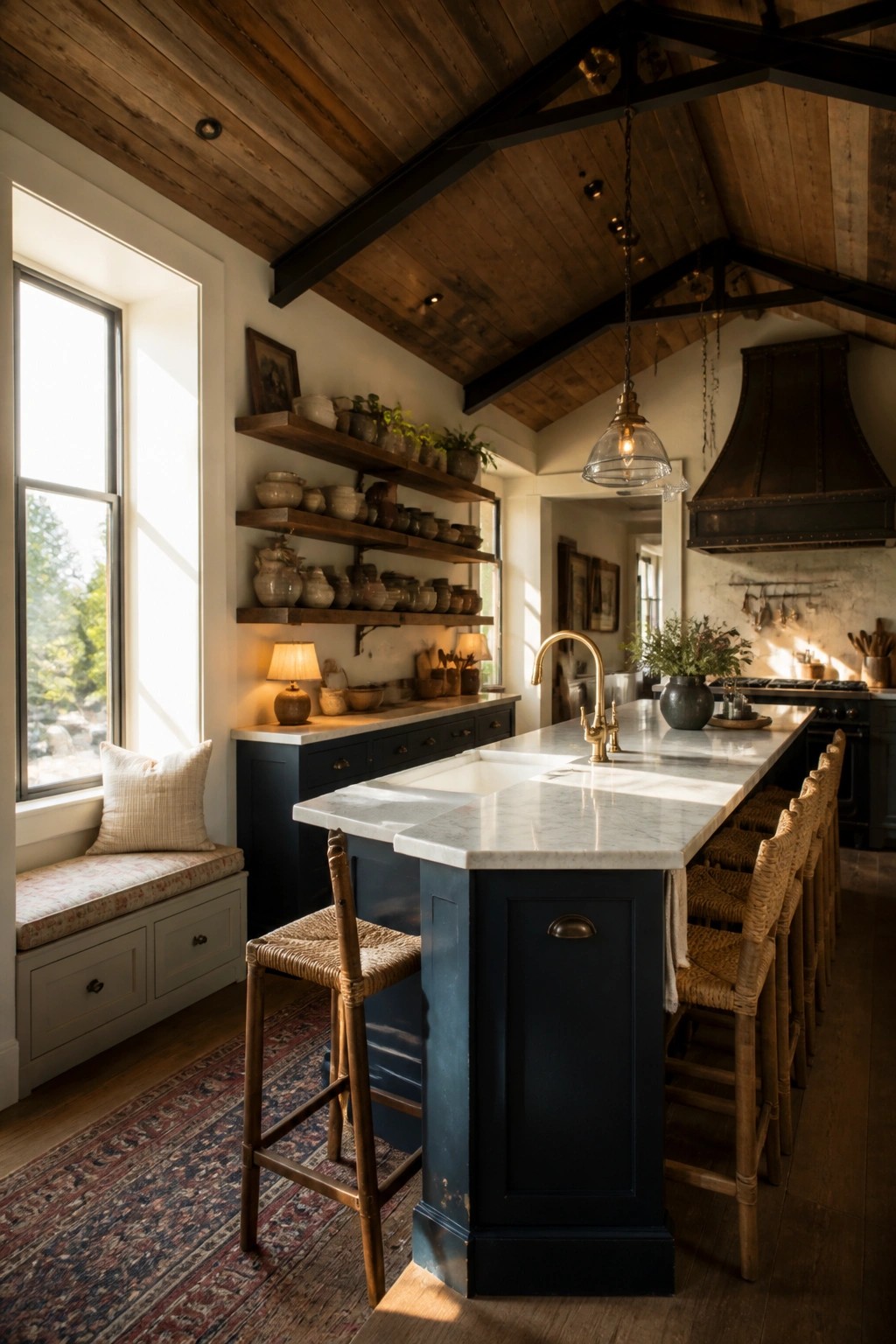 A kitchen with a vaulted wood plank ceiling, dark blue island, marble countertop, and woven bar stools along one side.