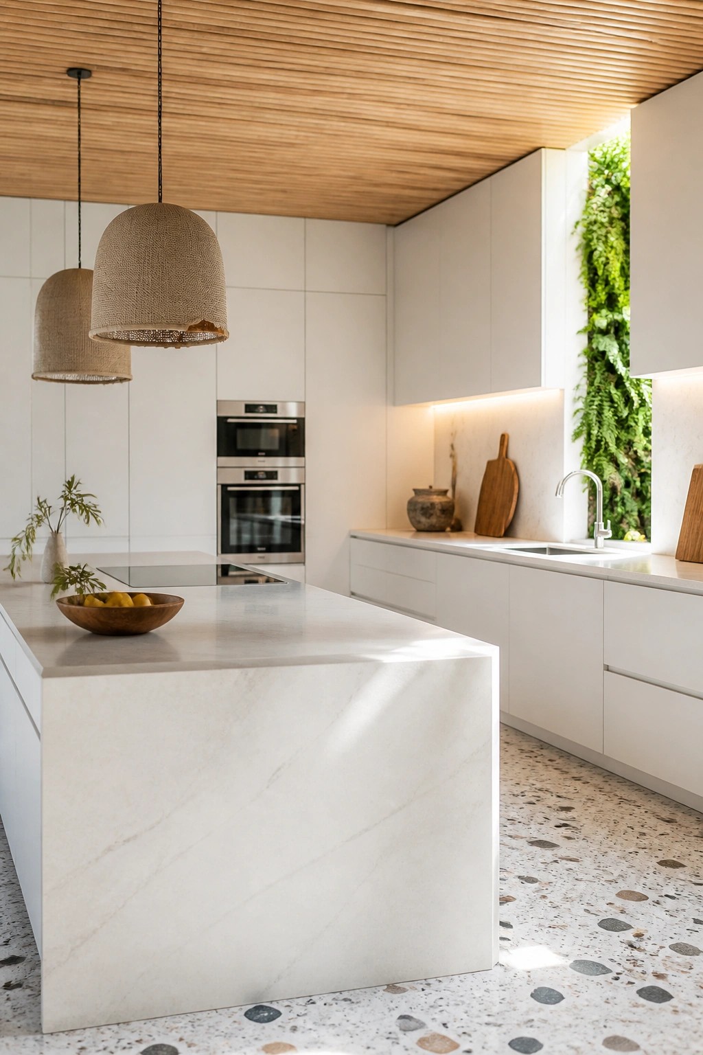 A bright modern kitchen with a white marble island, white cabinetry, built-in ovens, and a wood slat ceiling with two woven pendant lights.