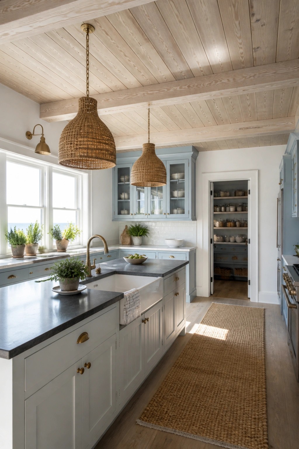 A bright kitchen with light blue cabinets, white walls, a dark countertop, white farmhouse sink, and a light wood plank ceiling with woven pendant lights.