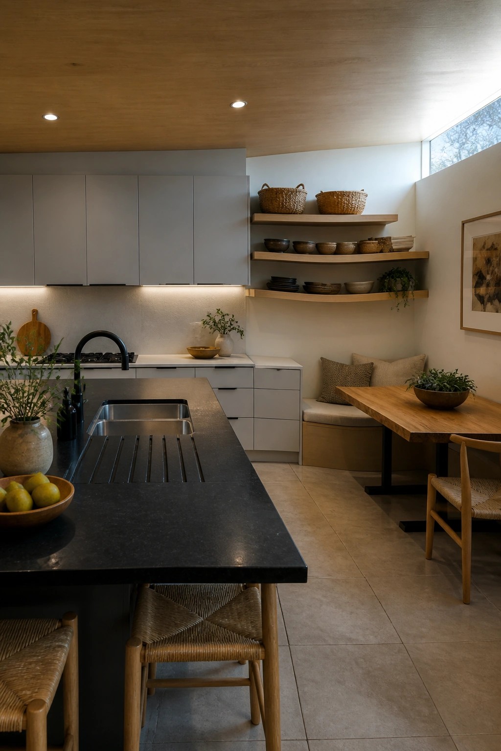 A modern kitchen with a light wood ceiling, gray upper cabinets, a dark island with double sink, and a wooden dining table with woven chairs.