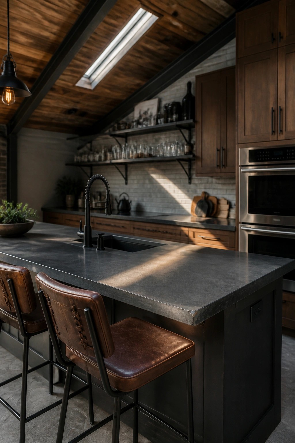 Rustic kitchen with dark island, leather barstools, wood cabinets, and skylit beams
