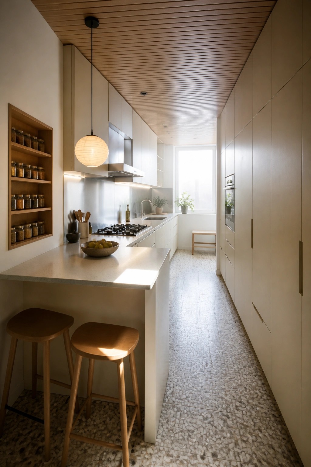 A narrow modern kitchen with a wood slat ceiling, white cabinets, stainless steel range hood, and a central island with two wooden stools.