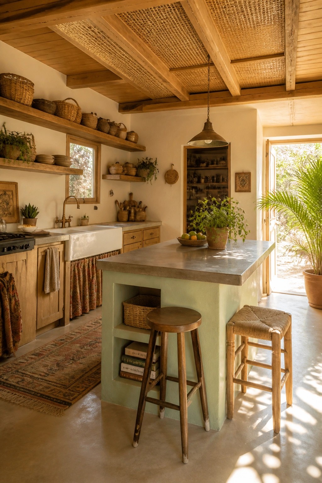 A kitchen with a wood beam ceiling featuring woven reed panels, a concrete island with stools, and open shelving along the walls.