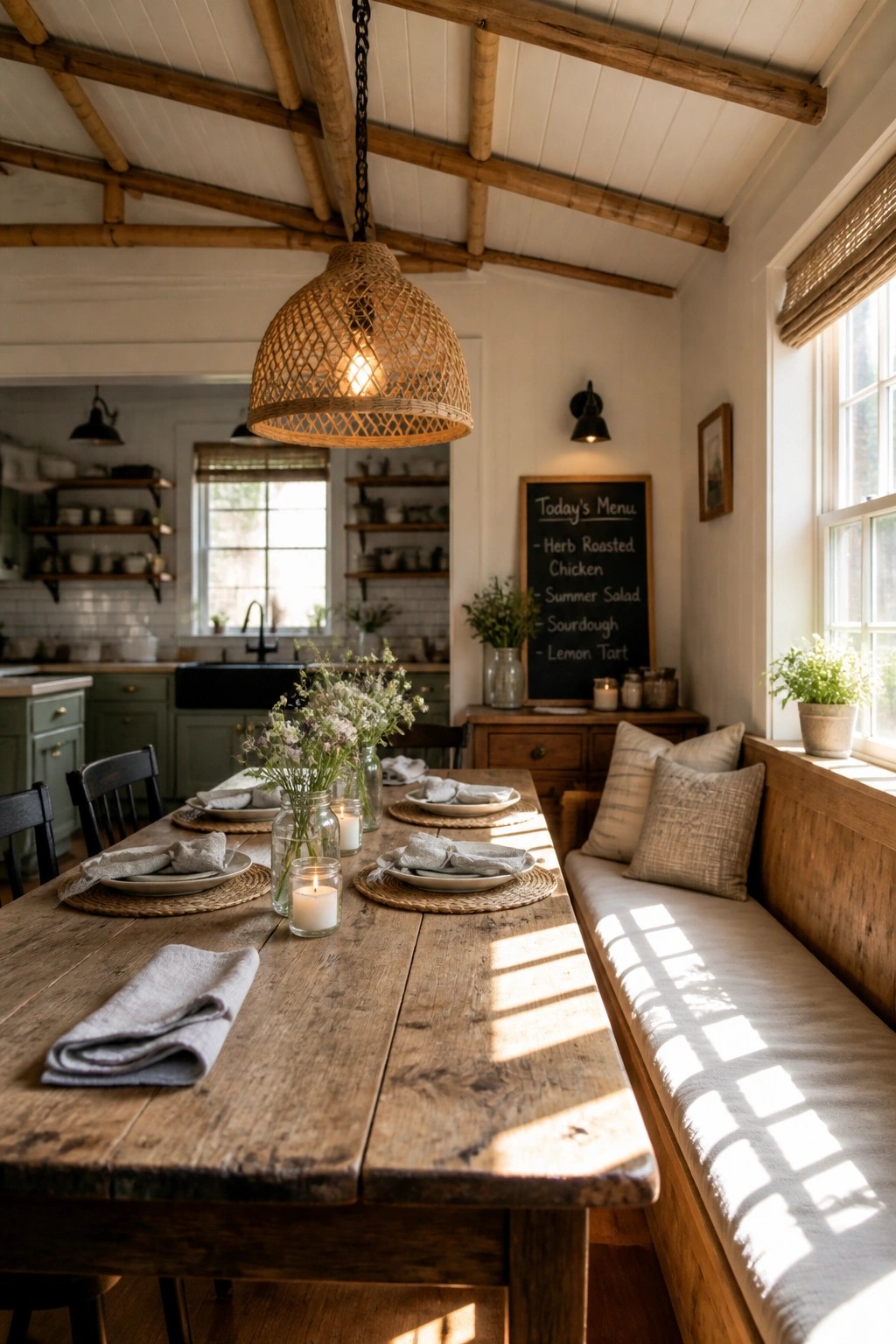 A rustic dining room with exposed bamboo ceiling beams, a long wooden table set with plates and flowers, and a woven pendant light.