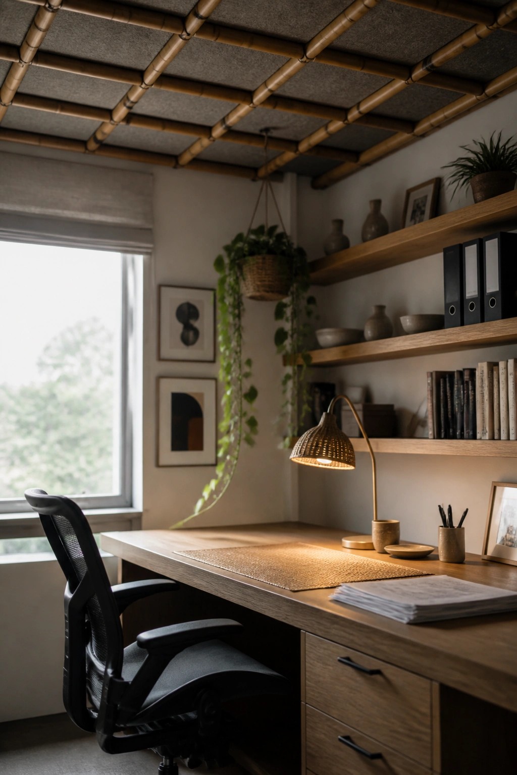 A home office with a bamboo pole grid ceiling, wooden desk, black office chair, and floating wood shelves along a white wall.