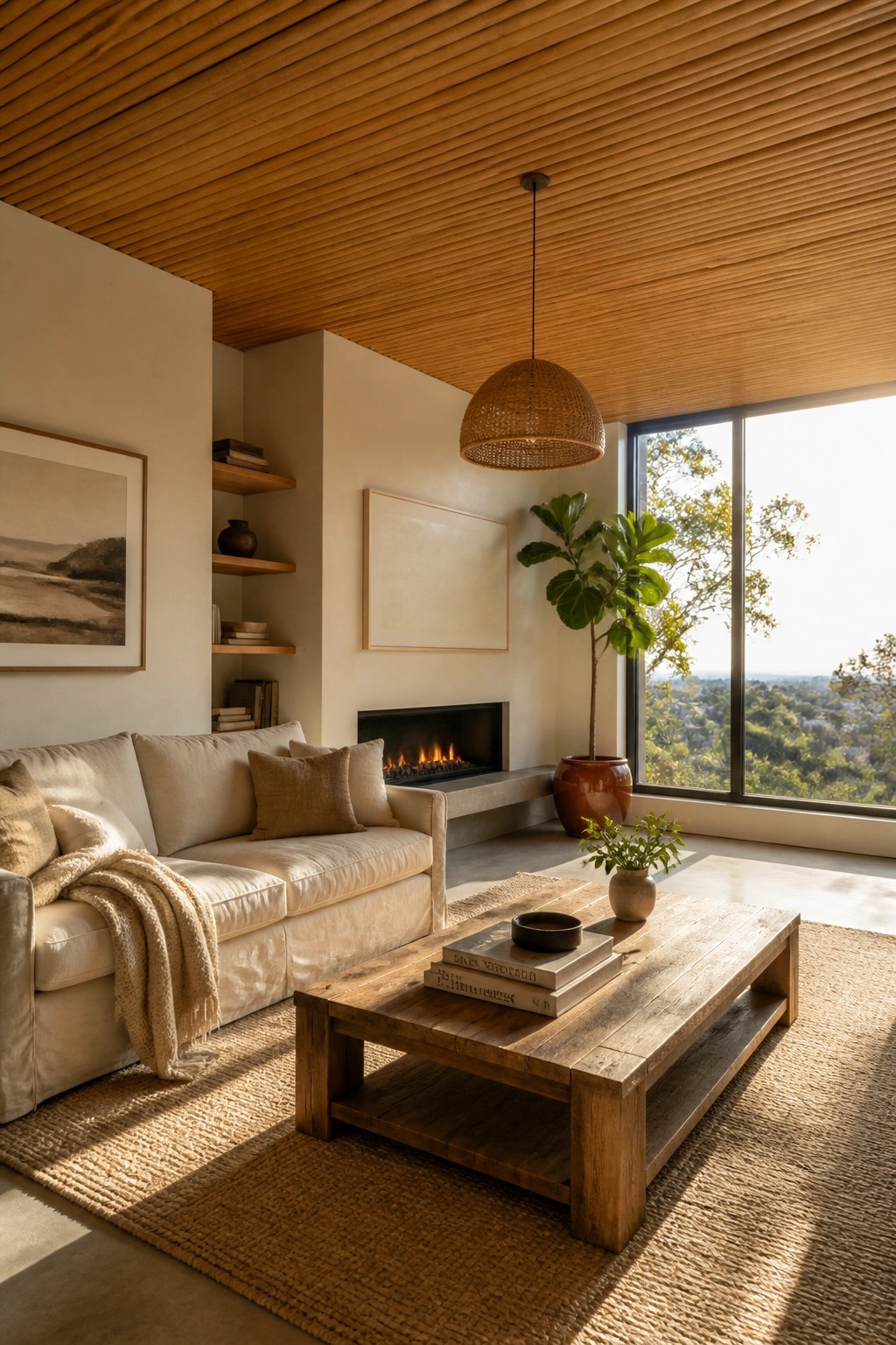 A living room interior with a slatted wooden ceiling, a beige sofa on a woven rug, a wooden coffee table, built-in shelves, a fireplace, and large windows showing trees outside.