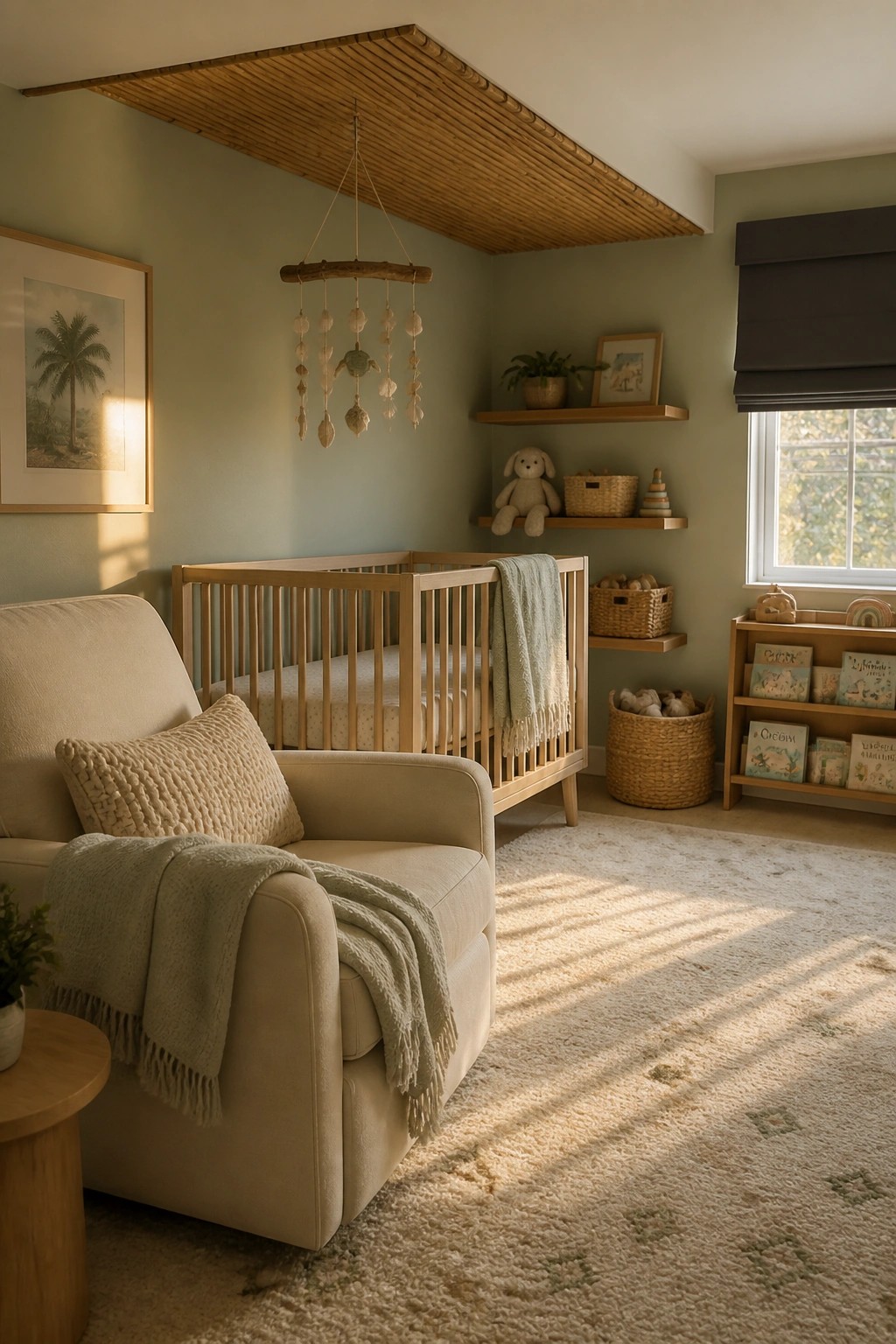 A nursery interior with a slatted bamboo ceiling, light wood crib, upholstered armchair, and woven storage baskets on shelves.
