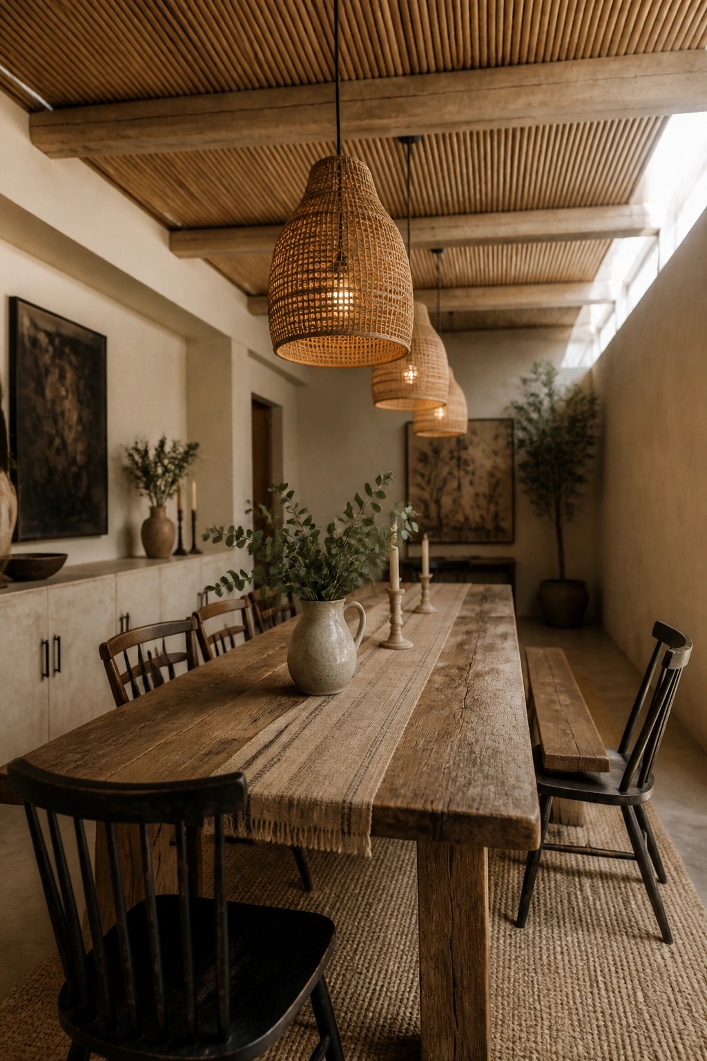 Interior view of a dining room with a ceiling made of horizontal bamboo reeds, a long wooden table, black chairs, and woven pendant lights.