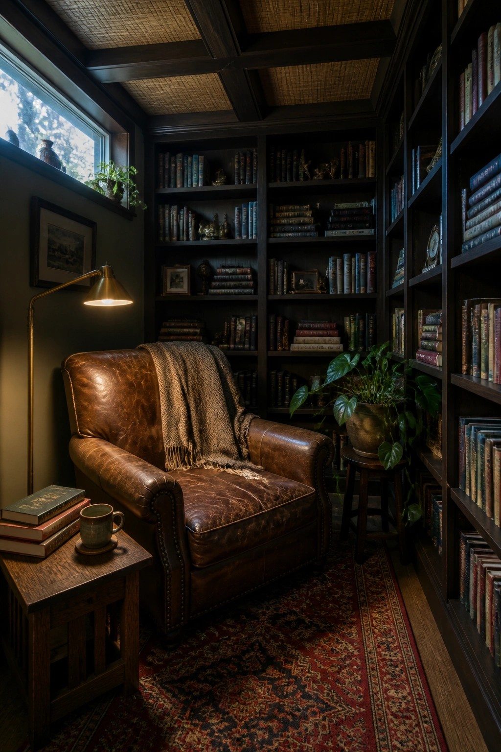 A library room with dark wood bookshelves, a brown leather armchair, a woven bamboo ceiling, and a window on the left wall.