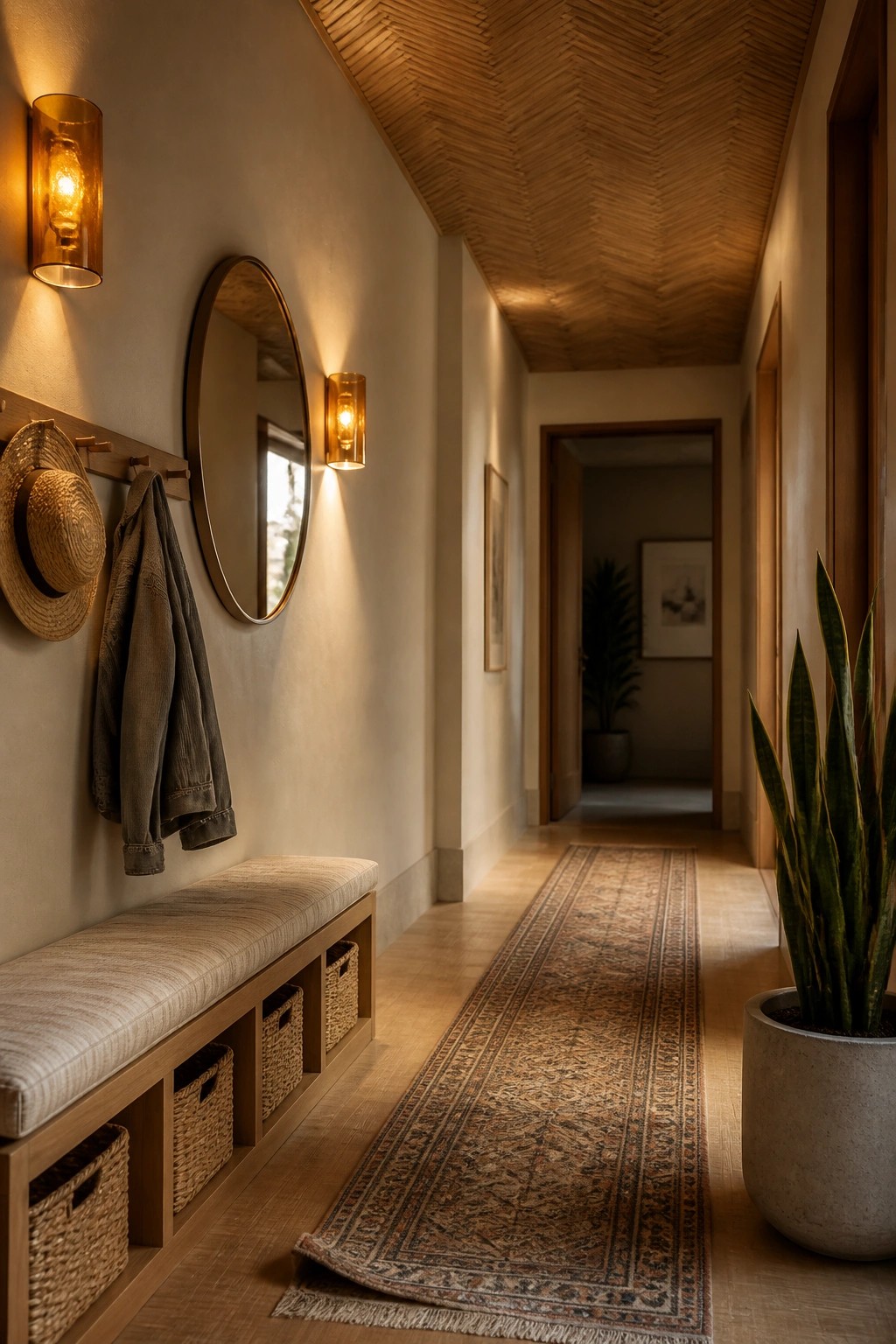 A long interior hallway with a herringbone bamboo ceiling, wooden bench with woven baskets underneath, round mirror on the wall, and wall sconces.