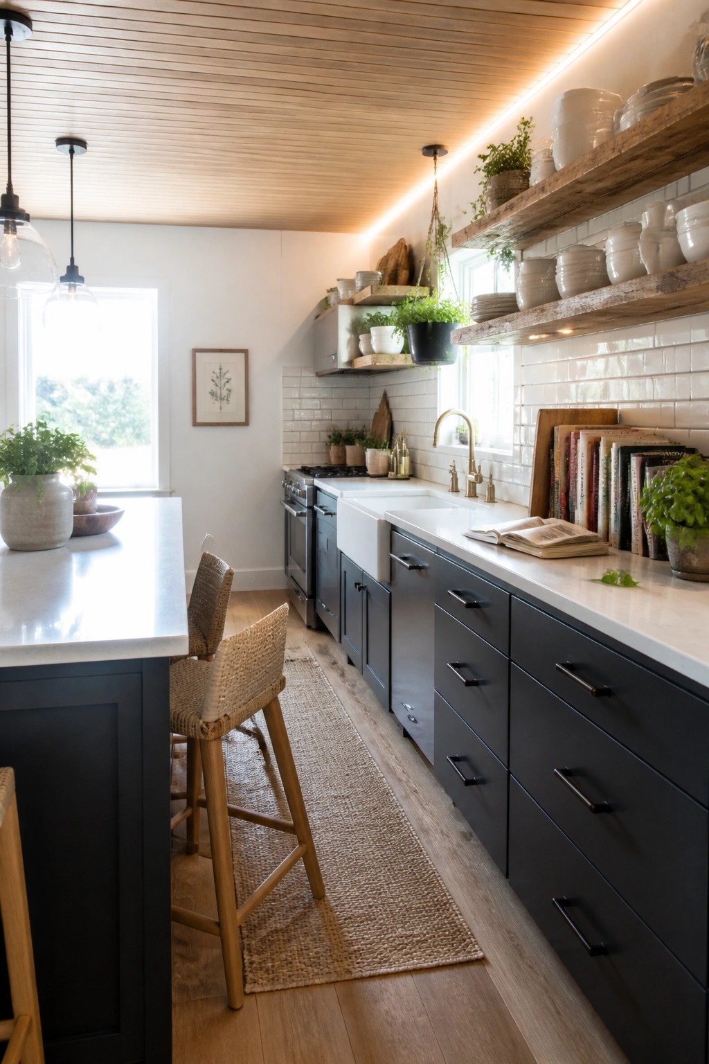 A kitchen interior with a light wood slat ceiling, dark cabinetry, white countertops, an island with woven bar stools, and open shelving along one wall.