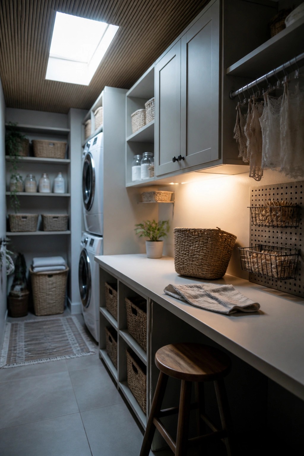 A laundry room with a bamboo slat ceiling, white cabinets, a long countertop with baskets, and two front-loading washing machines.