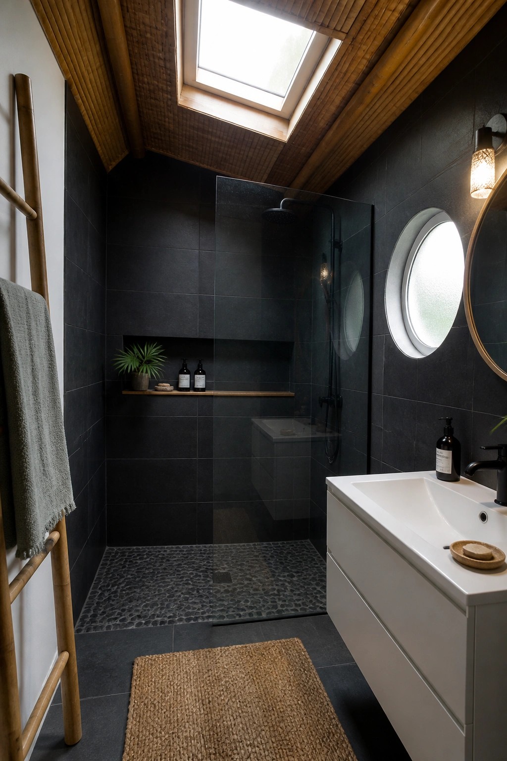 A bathroom with dark gray tile walls and floor, a glass shower enclosure, white vanity, round mirror, and a ceiling covered in bamboo panels with a skylight.