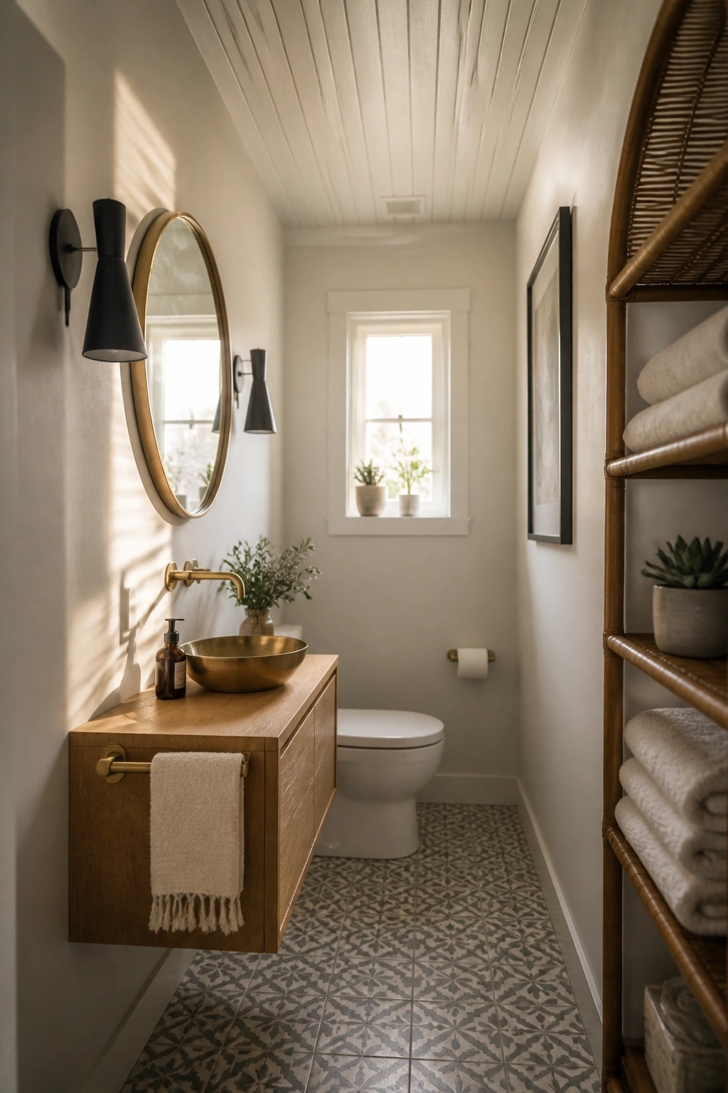 A narrow bathroom with a white slatted ceiling, floating wood vanity, round mirror, and patterned tile floor.