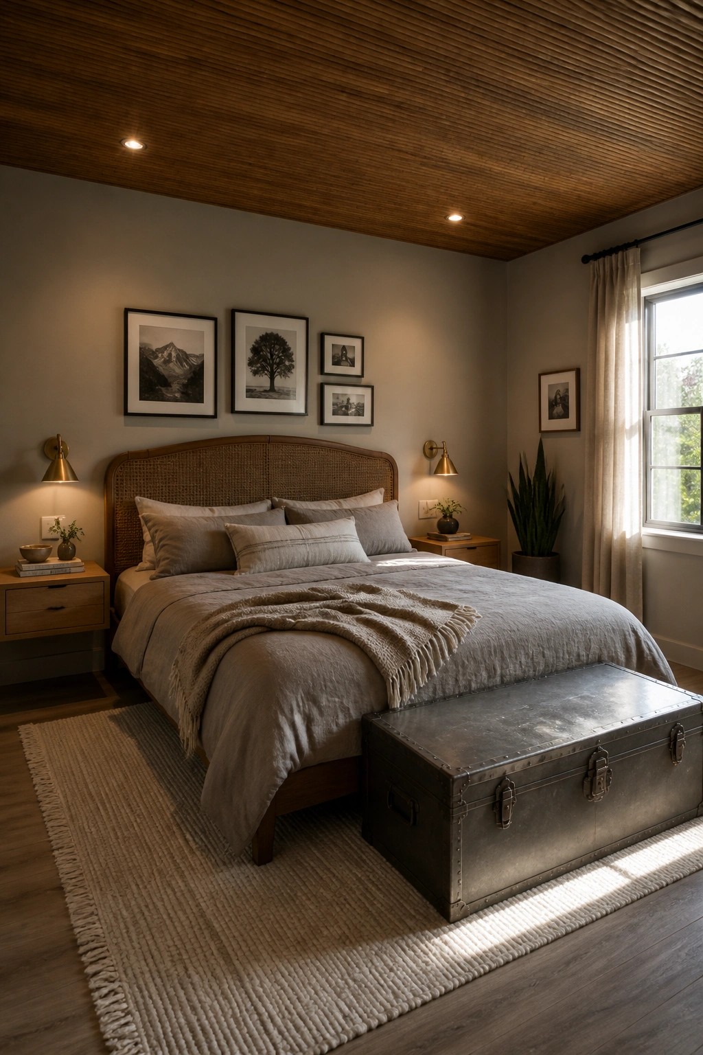 A bedroom featuring a horizontal bamboo ceiling, a bed with gray linens, wall art above the headboard, and a metal trunk at the foot of the bed.
