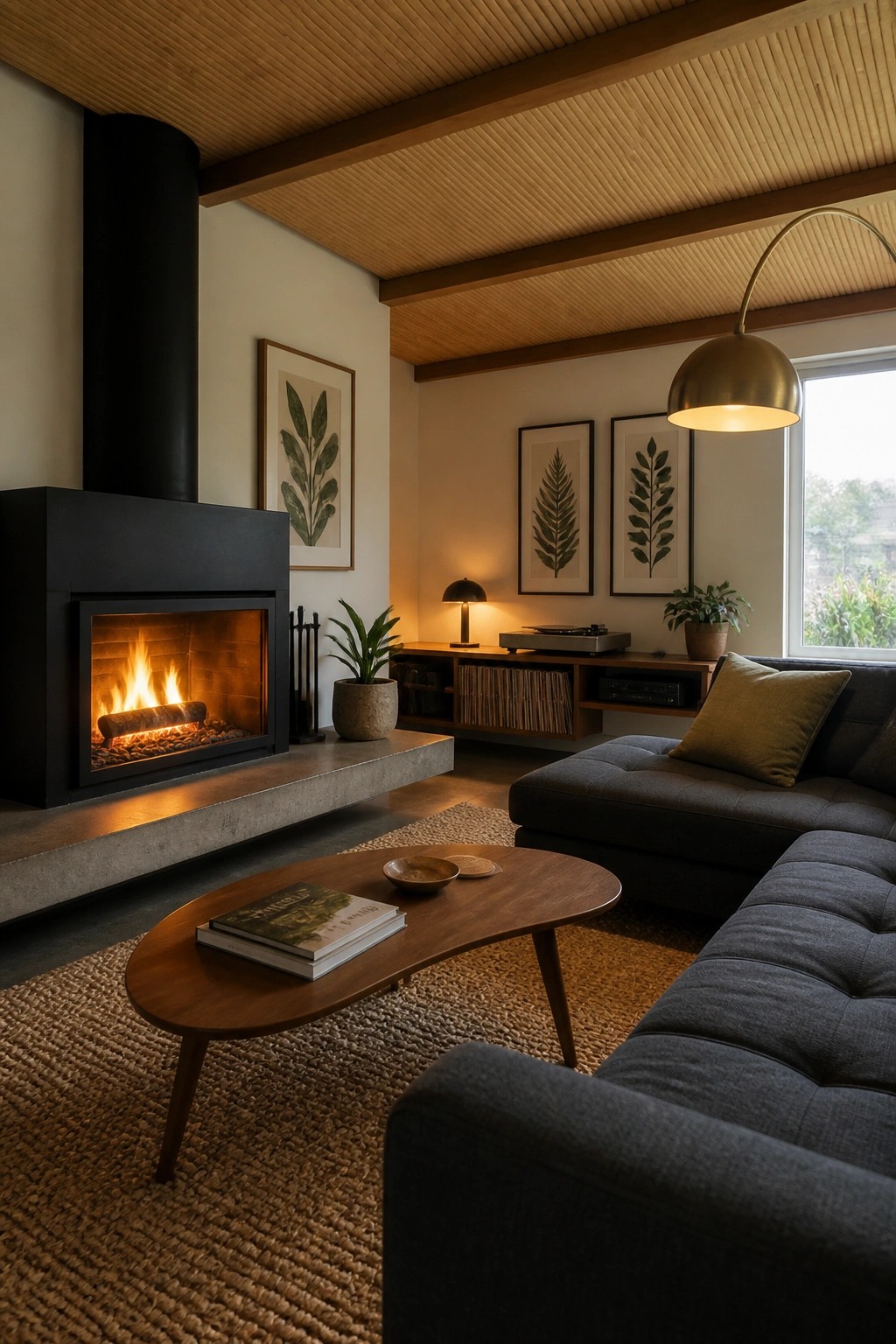 Modern living room with black fireplace, gray sofa, wooden table, and leaf art.