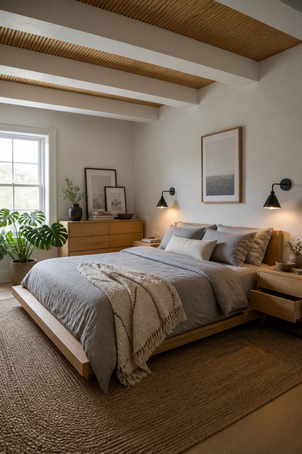 A bedroom featuring a wooden slatted ceiling, a low platform bed with gray linens, wooden nightstands, and a large woven rug on the floor.