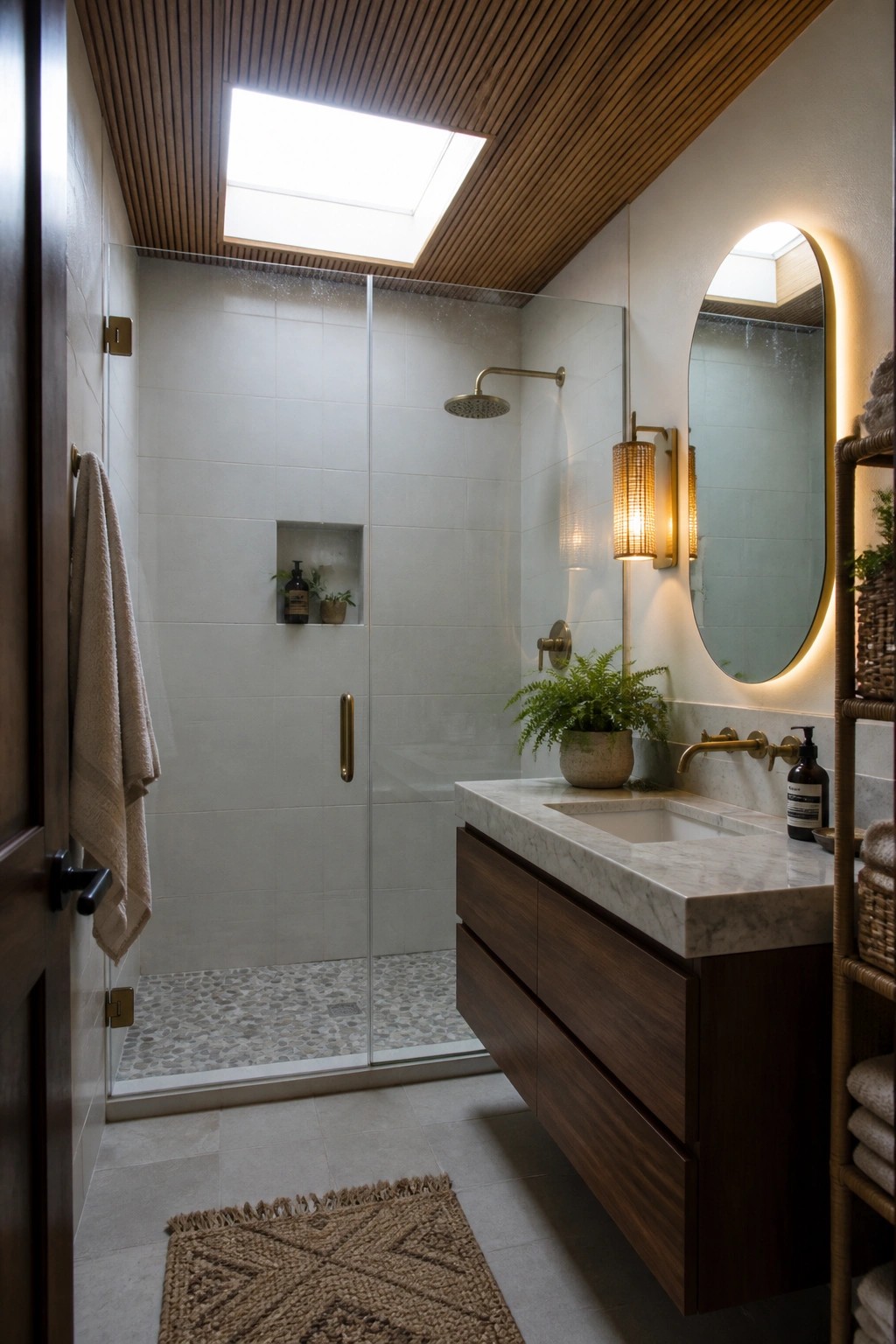 A bathroom with a slatted wood ceiling, skylight, glass shower, floating wood vanity with marble top, and oval backlit mirror.