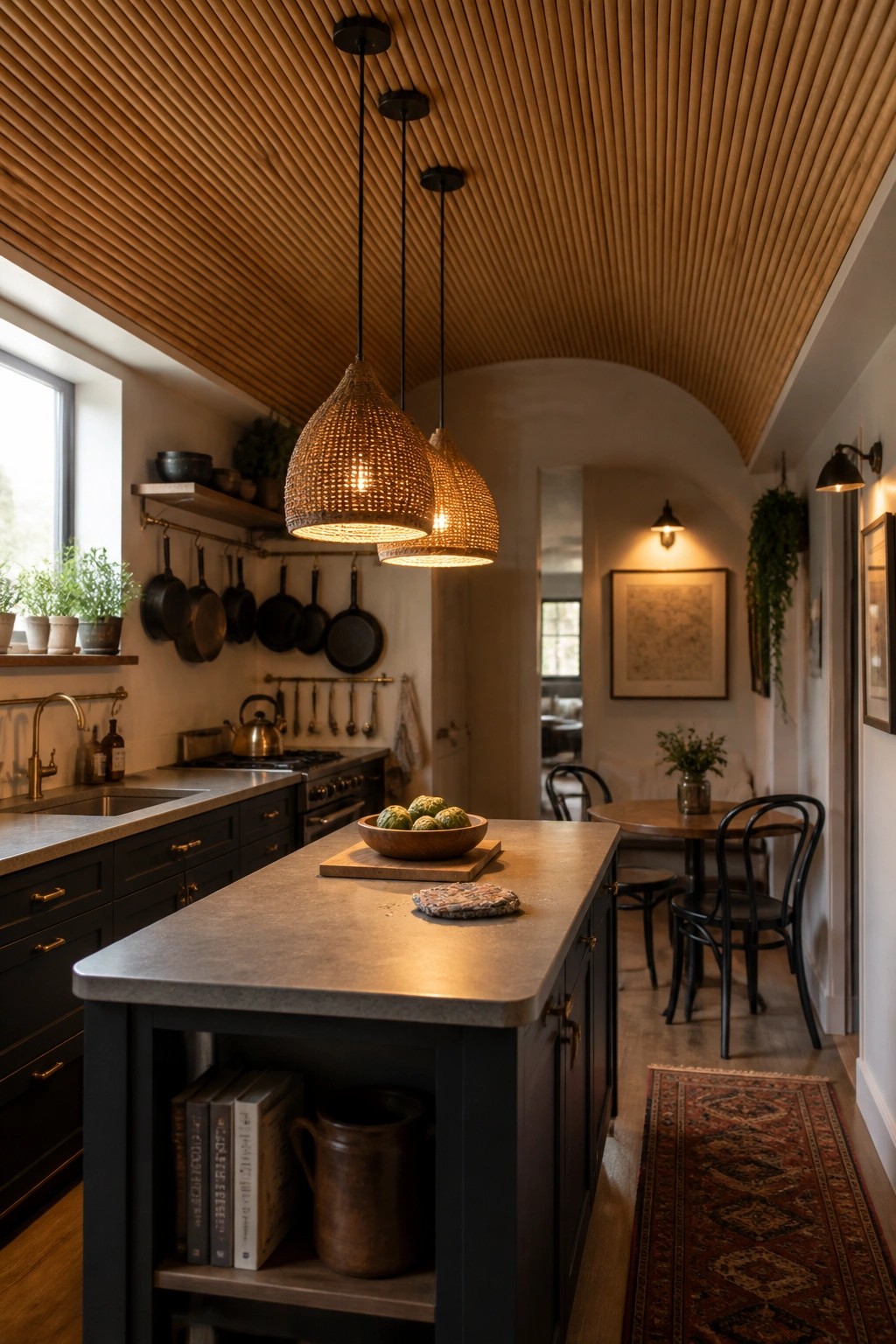 A kitchen with a vaulted ceiling covered in horizontal bamboo slats, dark cabinetry, a concrete island, and woven pendant lights.