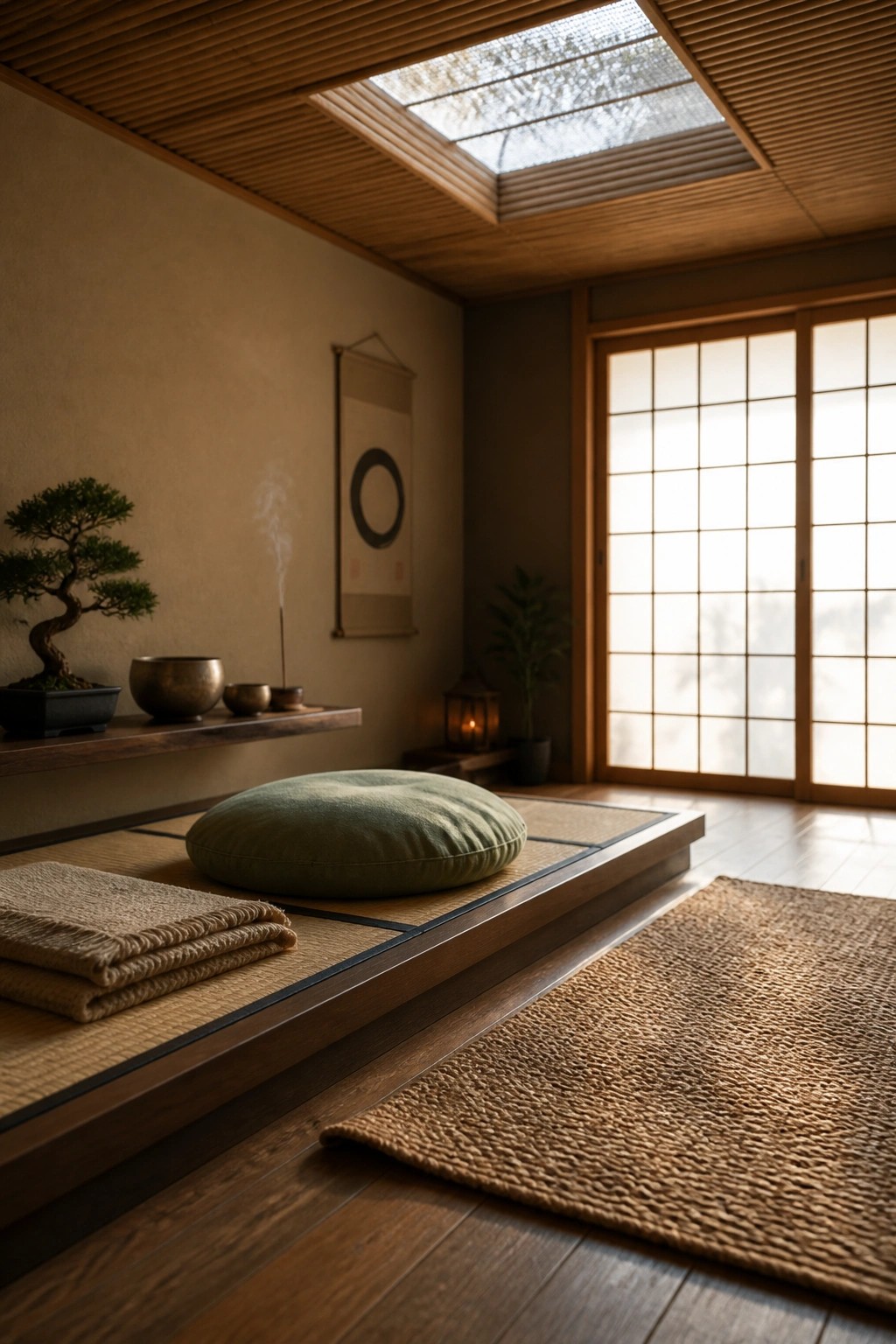 A Japanese-style interior room with a slatted wooden ceiling, a large skylight, tatami mats, a green floor cushion, and a bonsai tree on a low shelf.