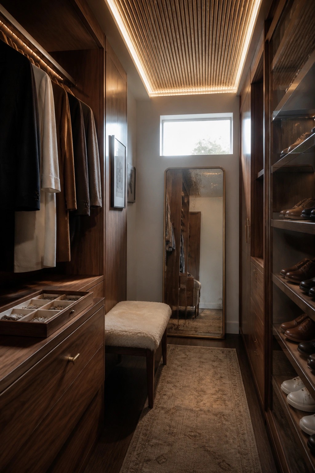 A narrow walk-in closet featuring dark wood cabinetry, hanging clothes, shoe shelves, a full-length mirror, a bench, and a slatted bamboo ceiling with integrated lighting.