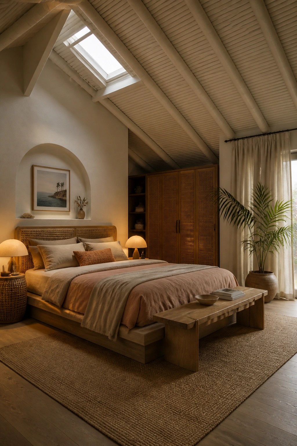 Bedroom interior with vaulted ceiling, exposed light wood beams, skylight, woven headboard bed, and wooden bench on a jute rug.