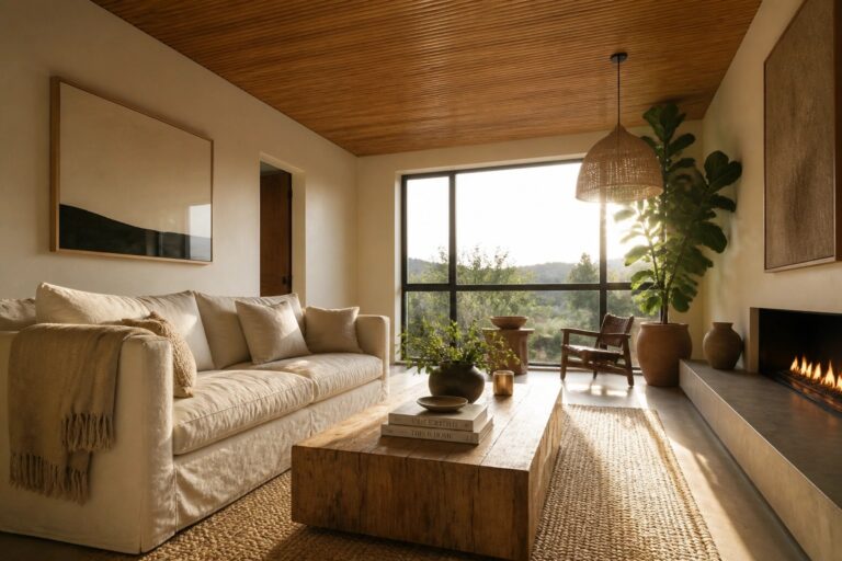 A living room interior with a slatted wooden ceiling, a beige sofa on a woven rug, a wooden coffee table, built-in shelves, a fireplace, and large windows showing trees outside.