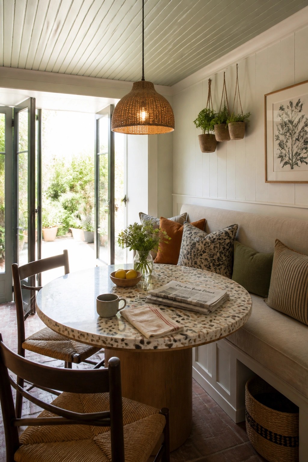 Cozy nook with round terrazzo table, woven pendant light, bench with pillows, and open garden doors.