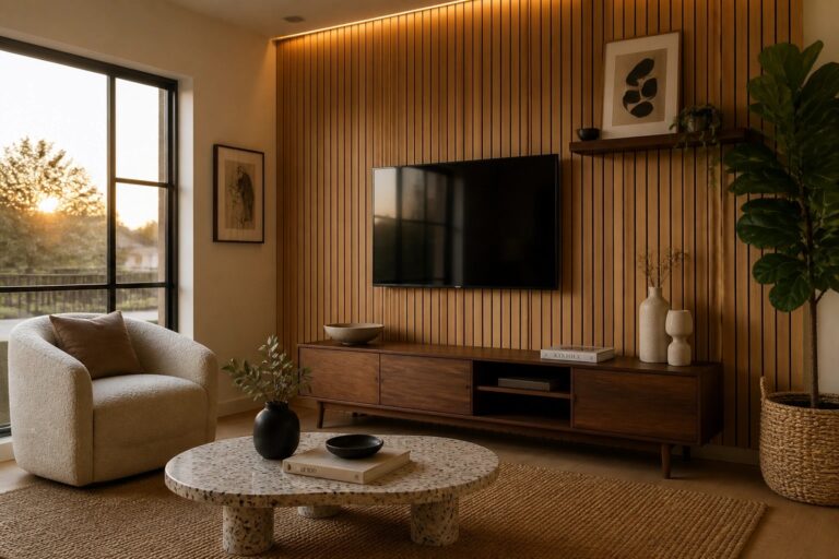 20 Modern Wood Feature Wall Ideas Using Slats, Panels, and Trim A modern living room with a vertical wood slat accent wall behind a wall-mounted TV, a floating shelf above, and a wooden media console below.