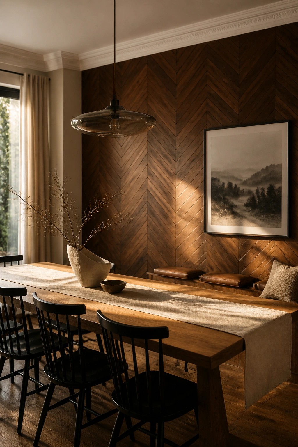 A dining room with a large herringbone wood feature wall, a long wooden table with black chairs, a glass pendant light, and a framed landscape print on the wall.