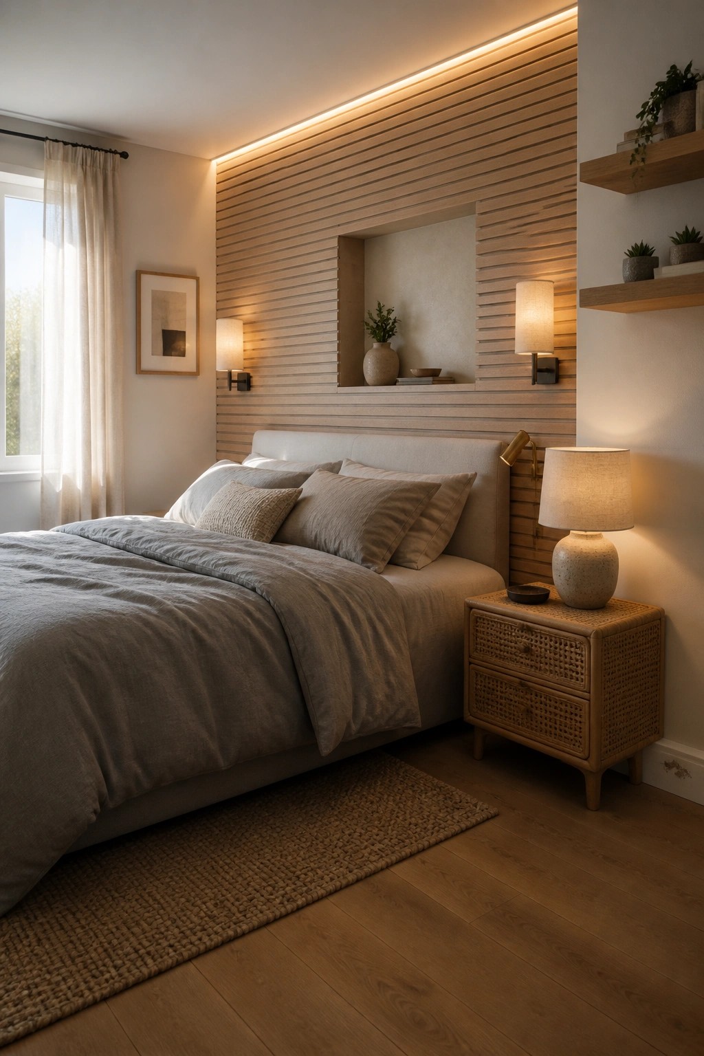 A bedroom featuring a horizontal wood slat wall behind a bed with neutral bedding, wall sconces, and a recessed niche holding a vase and books.