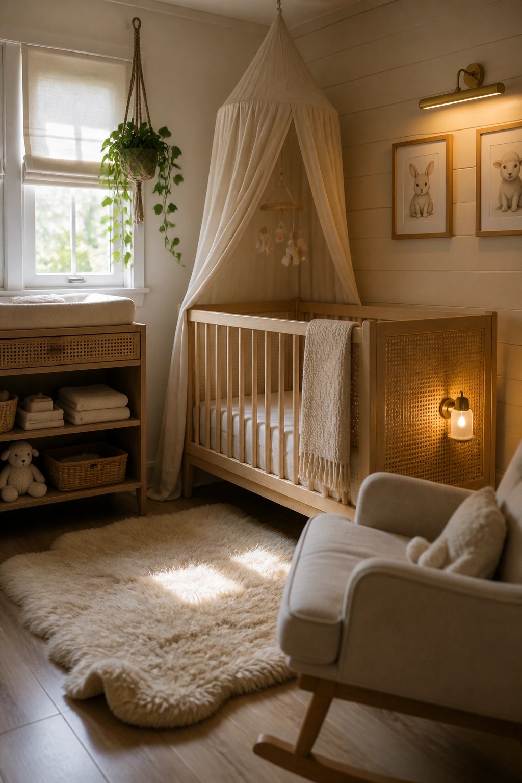 Cozy nursery with wooden crib, canopy, rocking chair, fluffy rug, and animal art.