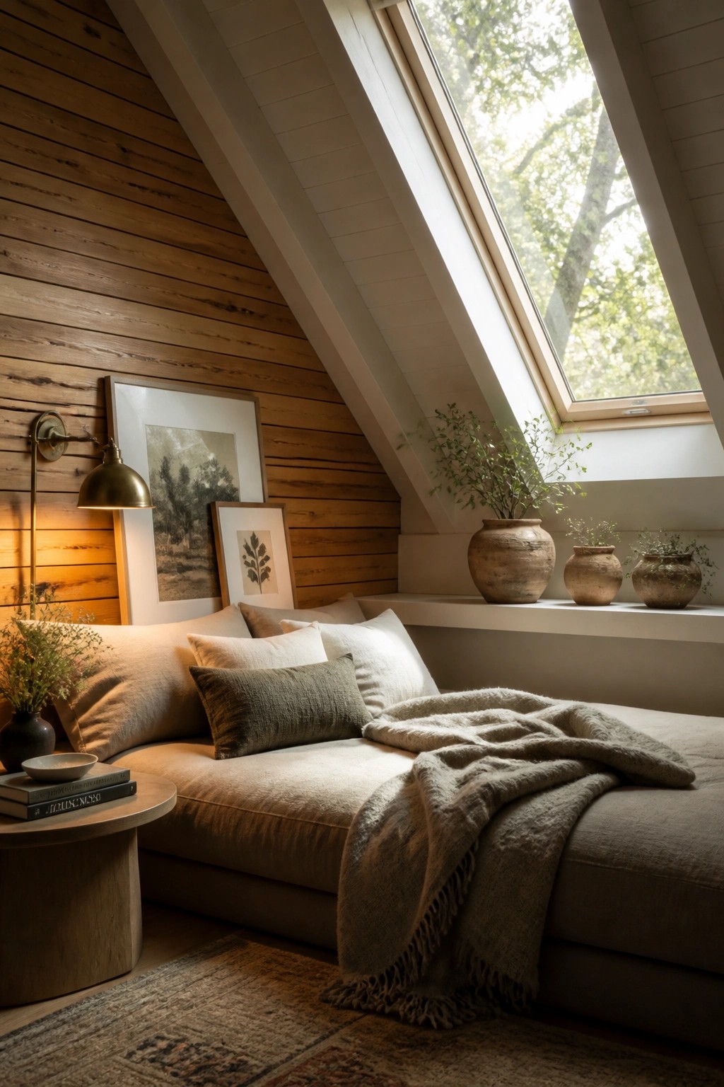 An attic room featuring a horizontal wood slat wall behind a daybed with neutral pillows and a throw blanket, a skylight above, and a round side table with books and a small plant.