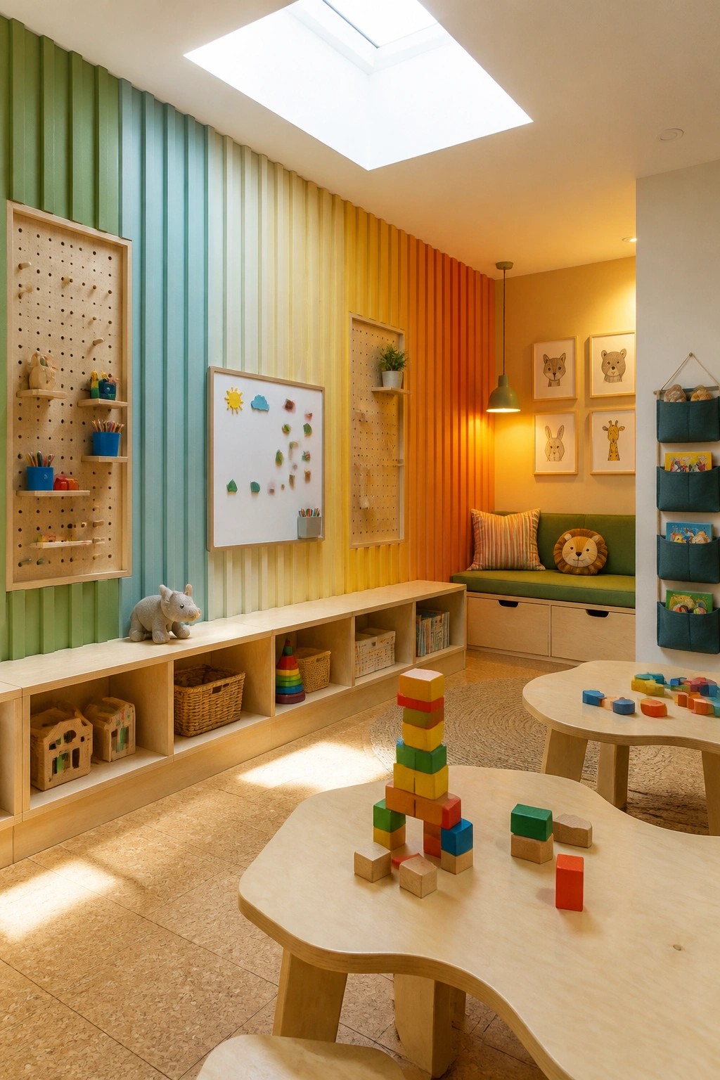 A children's playroom with a vertical wood slat wall painted in a gradient from green to orange, a low storage bench, round tables with blocks, and animal artwork on a yellow wall.